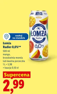 Piwo bezalkoholowe Łomża Radler 0,0% mango promocja w Lidl
