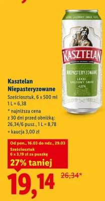 Piwo Kasztelan Niepasteryzowane 6x500 ml promocja w Lidl