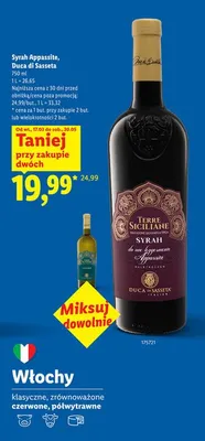 Wino Syrah Appassite Duca di Sasseta czerwone półwytrawne promocja w Lidl