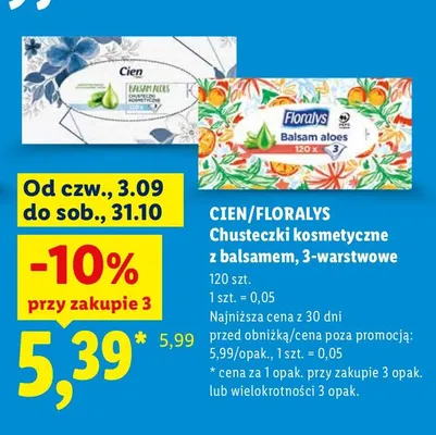 Chusteczki kosmetyczne z balsamem 3-warstwowe Floralys promocja w Lidl