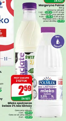 Mleko spożywcze świeże bez laktozy Łaciate 2% promocja w Dino