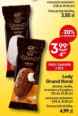 Lody Grand Koral almond, vanilla, strawberry & yoghurt promocja w Żabka