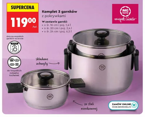 Komplet 3 garnków z pokrywkami MG home promocja w Biedronka