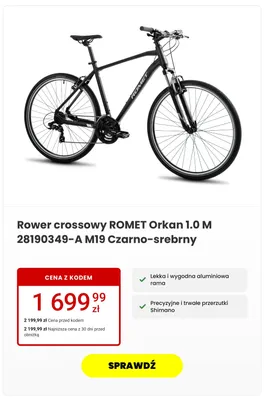 Rower crossowy ROMET Orkan 1,0 m Czarno-srebrny promocja w Media Expert