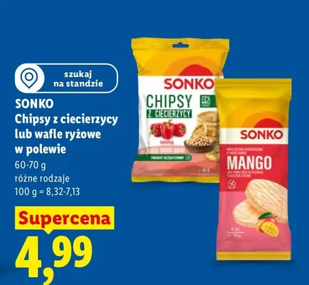 Chipsy z ciecierzycy lub wafle ryżowe w polewie różne rodzaje promocja w Lidl