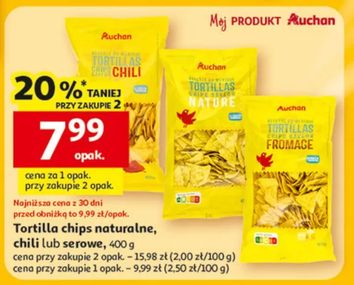 Tortilla chips naturalne, chili lub serowe promocja w Auchan