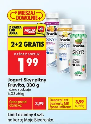 Jogurt pitny, różne rodzaje 2+2 GRATIS promocja w Biedronka