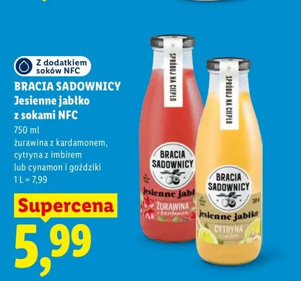 Jesienne jabłko z sokami NFC cynamon i goździki Bracia Sadownicy promocja w Lidl