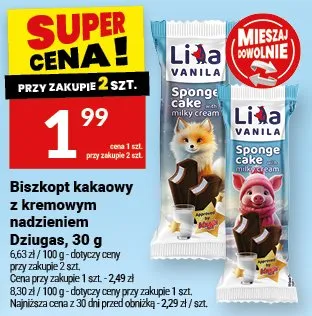 Biszkopt kakaowy z kremowym nadzieniem Dziugas promocja w Twój Market