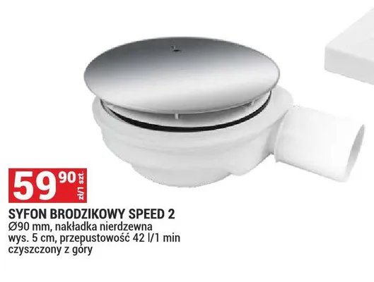 Syfon brodzikowy Speed 2 Ø90mm nakładka nierdzewna wys. 5cm przepustowość 42l/1 min czyszczony z góry promocja w Merkury Market