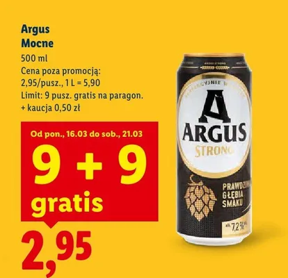 Piwo Argus Mocne 9+9 GRATIS promocja w Lidl