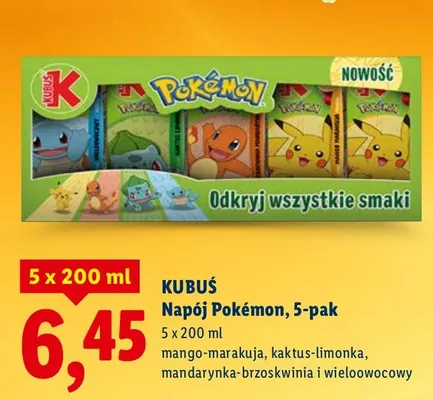 Napój Pokémon, 5-pak mango-marakuja, kaktus-limonka, mandarynka-brzoskwinia i wieloowocowy promocja w Lidl