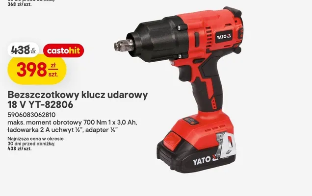 Bezszczotkowy klucz udarowy YATO 18V YT-82806 maks. moment obrotowy 700Nm 1x3,0Ah ładowarka 2A uchwyt 1/2" adapter 1/4" promocja w Castorama