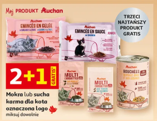 Mokra lub sucha karma dla kota oznaczone logo Auchan promocja w Auchan