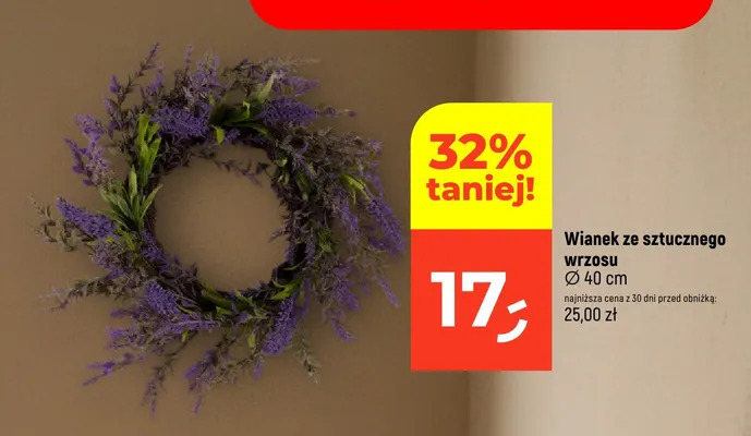 Wianek ze sztucznego wrzosu 40 cm promocja w Dealz
