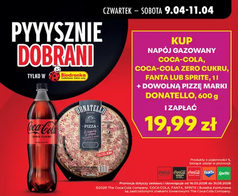 Napój gazowany Coca-Cola, Coca-Cola Zero Cukru, Fanta lub Sprite 1l + pizza Donatello promocja w Biedronka