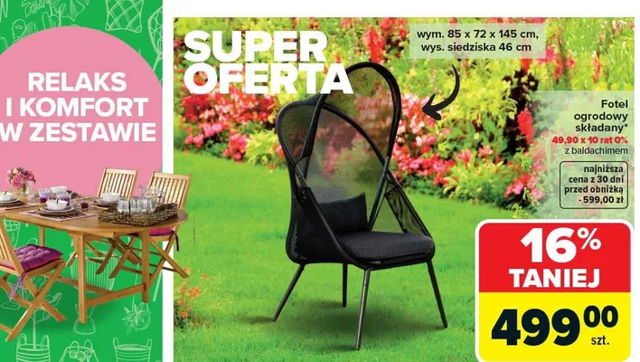 Fotel ogrodowy składany z baldachimem 85x72x145cm promocja w Carrefour