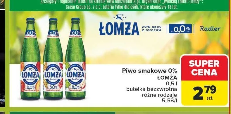 Piwo bezalkoholowe Łomża Radler Grejpfrut 500 ml promocja w Carrefour Market