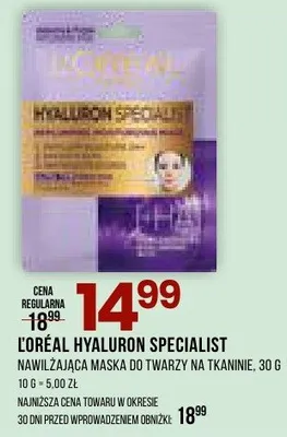 Maseczka L'Oreal Hyaluron Specialist błyskawiczna maseczka na tkaninie promocja w Drogerie Natura