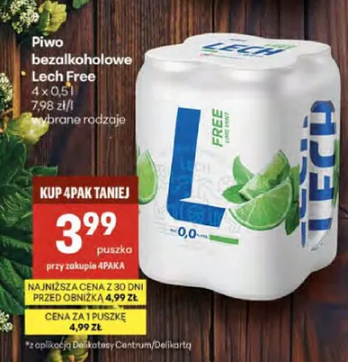 Piwo bezalkoholowe Lech Free Lime Mint 0,0% 4-pak 500ml promocja w Delikatesy Centrum