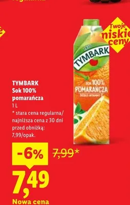 Sok 100% pomarańcza Tymbark promocja w Lidl