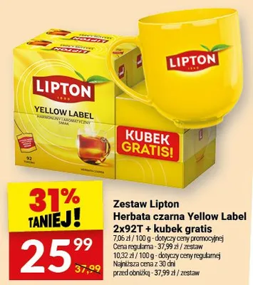 Herbata czarna Yellow Label 2x92T + kubek gratis promocja w Twój Market