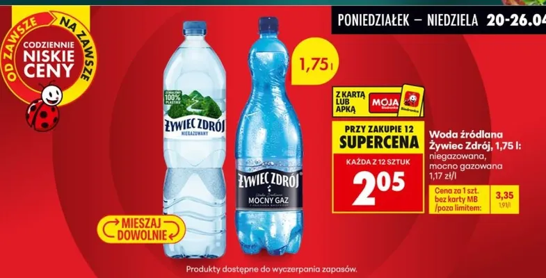 Woda źródlana niegazowana, mocno gazowana Żywiec Zdrój promocja w Biedronka