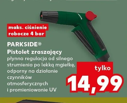 Pistolet zraszający PARKSIDE płynna regulacja od silnego strumienia po lekką mgiełkę, odporny na działanie czynników atmosferycznych i promieniowanie UV maks. ciśnienie robocze 4 bar promocja w Kaufland