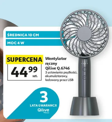 Wentylator ręczny Qilive Q.6746 3 ustawienia prędkości akumulatorowy ładowany przez USB średnica 10cm moc 4W promocja w Auchan