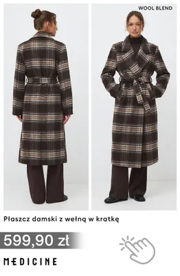 Płaszcz damski z wełną w kratkę Medicine promocja w Medicine