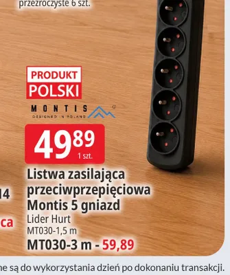 Listwa zasilająca przeciwprzepięciowa Montis 5 gniazd MT030-1,5 m promocja w Leclerc