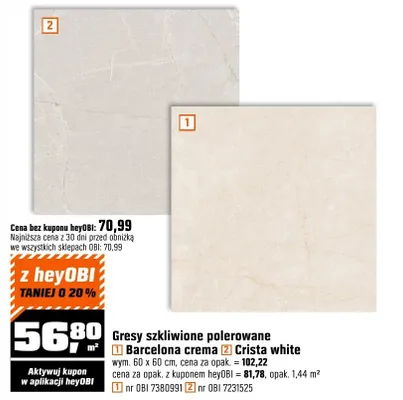 Gresy szkliwione polerowane Crista white wym. 60 x 60 cm, cena za opak. z kuponem heyOBI promocja w OBI