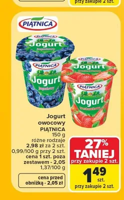 Jogurt owocowy Piątnica jagodowy promocja w Carrefour