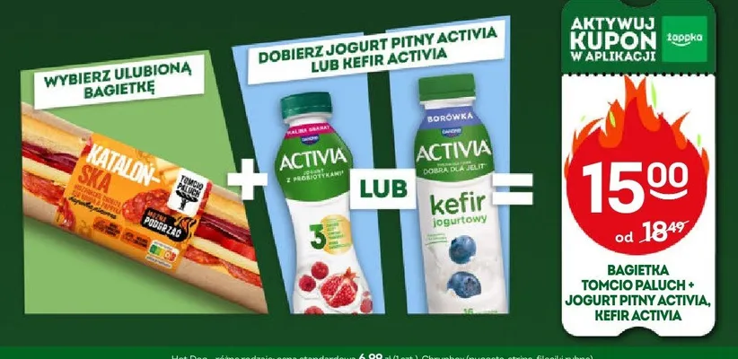 Zestaw Bagietka Tomcio Paluch + jogurt pitny Activia lub kefir Activia promocja w Żabka