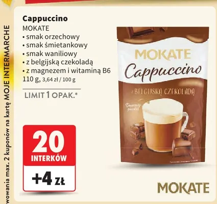 Kawa rozpuszczalna Cappuccino z belgijską czekoladą Mokate promocja w Intermarche
