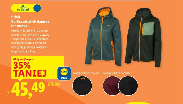 Kurtka softshell damska lub męska, 3 wzory promocja w Lidl