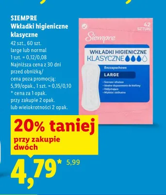 Wkładki higieniczne klasyczne Siempre Normal promocja w Lidl