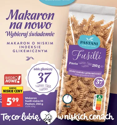 Makaron fusilli niskie IG Pastani promocja w Biedronka