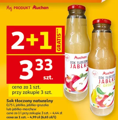 Sok tłoczony naturalny jabłko, jabłko-gruszka lub jabłko-marchew promocja w Auchan