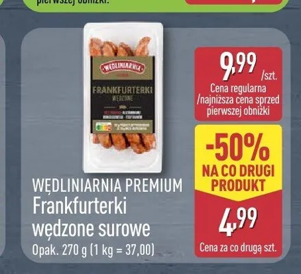 Frankfurterki wędzone surowe Wedliniarnia Premium promocja w Aldi