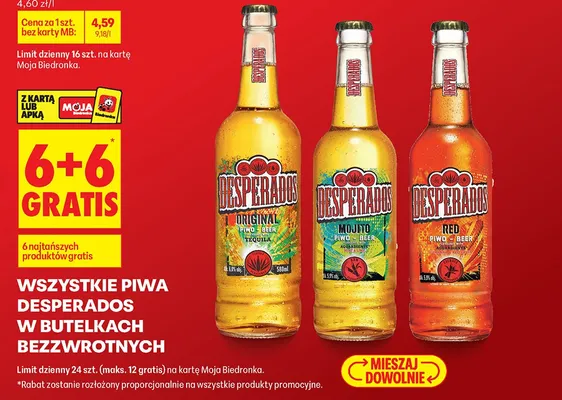 Wszystkie piwa Desperados wbutelkach bezzwrotnych 6+6 GRATIS promocja w Biedronka