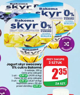 Jogurt skyr owocowy cukru Bakoma 0% promocja w Dino
