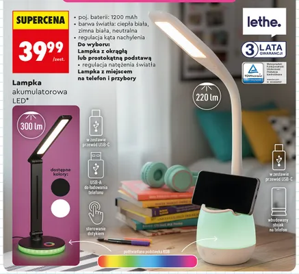 Lampka akumulatorowa LED Lethe z miejscem na telefon i przybory promocja w Biedronka