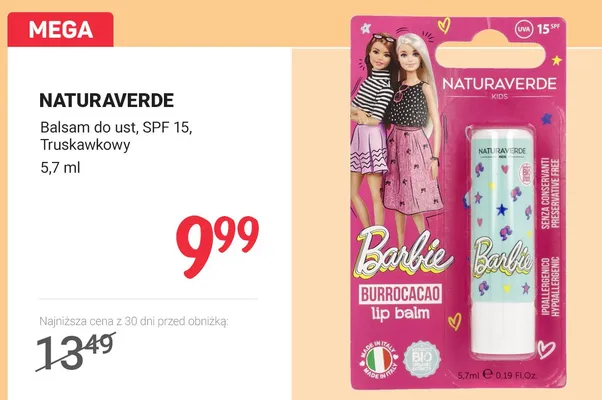 Balsam do ust SPF 15 Truskawkowy Naturaverde promocja w Rossmann