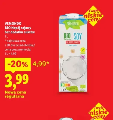 Napój sojowy bez dodatku cukrów Vemondo promocja w Lidl
