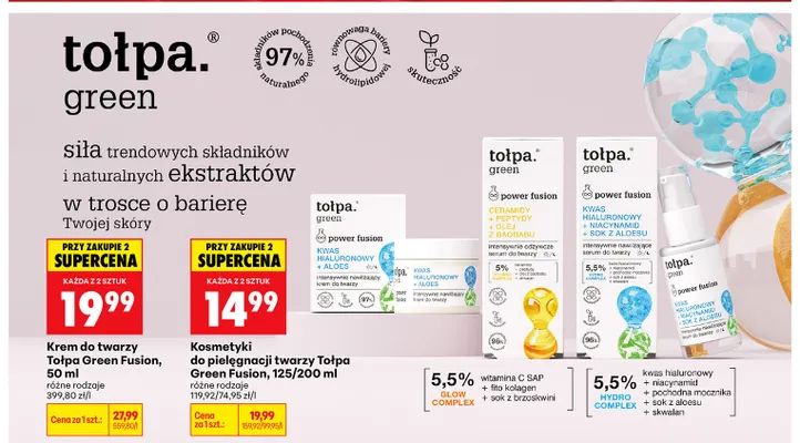 Serum do twarzy Tołpa Green Power Fusion kwas hialuronowy + niacynamid + sok z aloesu intensywnie nawilżające promocja w Biedronka