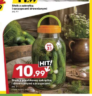 Słoik z plastikową zakrętką i drewnianymi szczypcami 3 l promocja w Bricomarche