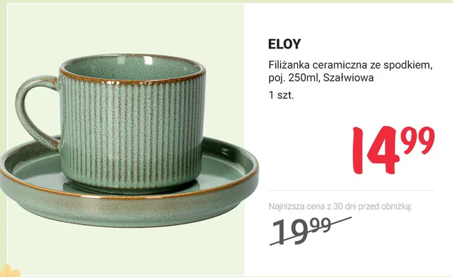 Filiżanka ceramiczna ze spodkiem, poj. 250 ml, szałwiowa promocja w Rossmann