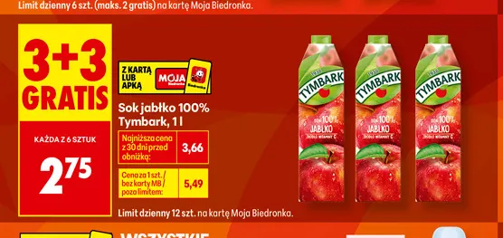 Sok jabłko Tymbark 100% promocja w Biedronka