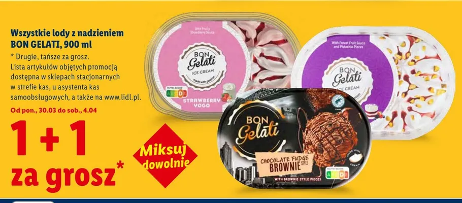 Wszystkie lody z nadzieniem Bon Gelati 900 ml 1+1 ZA 1 GROSZ promocja w Lidl